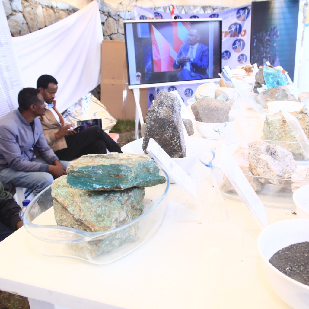 BESYS exhibition display featuring Ethiopian mineral specimens and industrial ores alongside a technical digital presentation at Ormoia Mineral Development Exihibition. Interactive digital signage ethiopia solutions provided by BESYS for Oromia Mineral Development stakeholders.